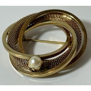 Vintage Gold Tone Mesh Swirl Brooch with Faux Pearl 1.75" Statement Pin